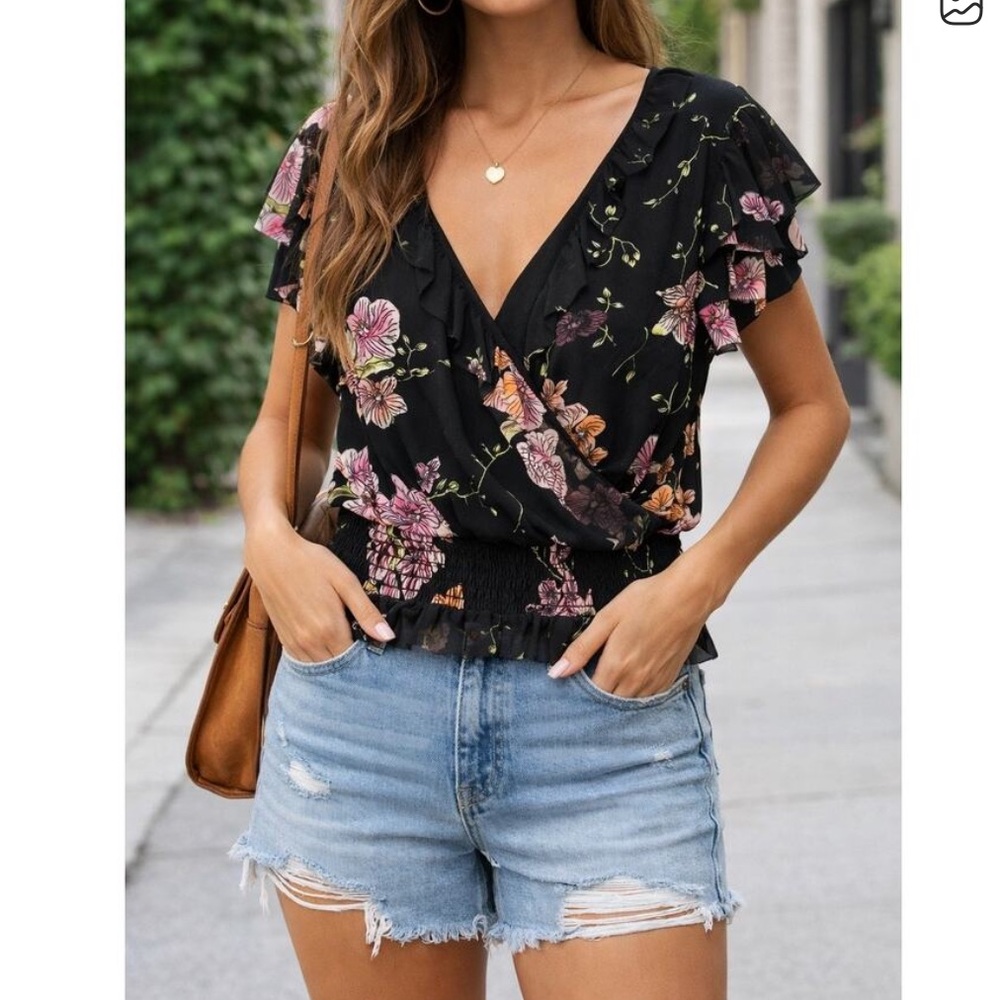 1. State Black with Pink Green Orange Floral Crossover V-Neck Blouse S